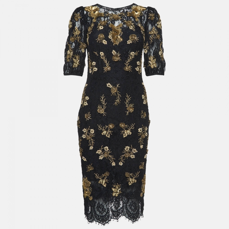 Pre Owned Dolce & Gabbana Black/Gold Sequin Embroidered Lace Mini Dress S