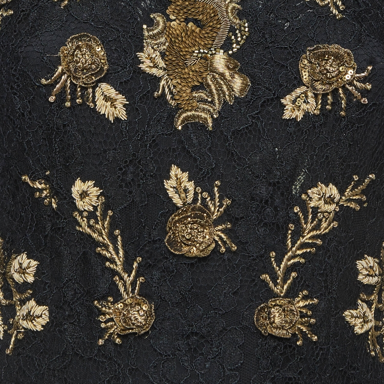 Pre Owned Dolce & Gabbana Black/Gold Sequin Embroidered Lace Mini Dress S