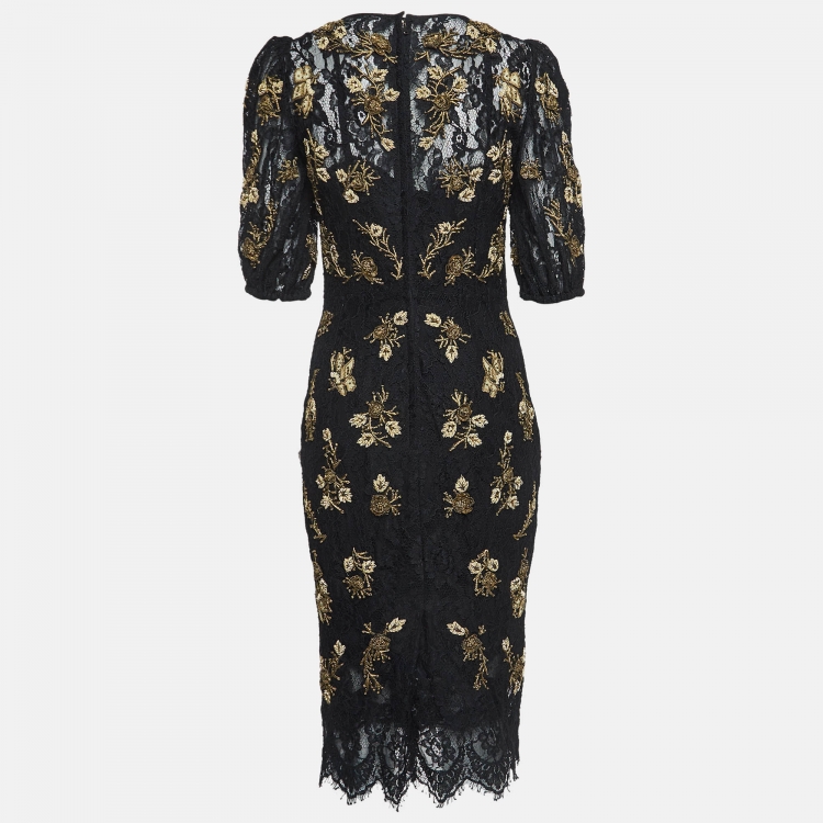 Pre Owned Dolce & Gabbana Black/Gold Sequin Embroidered Lace Mini Dress S