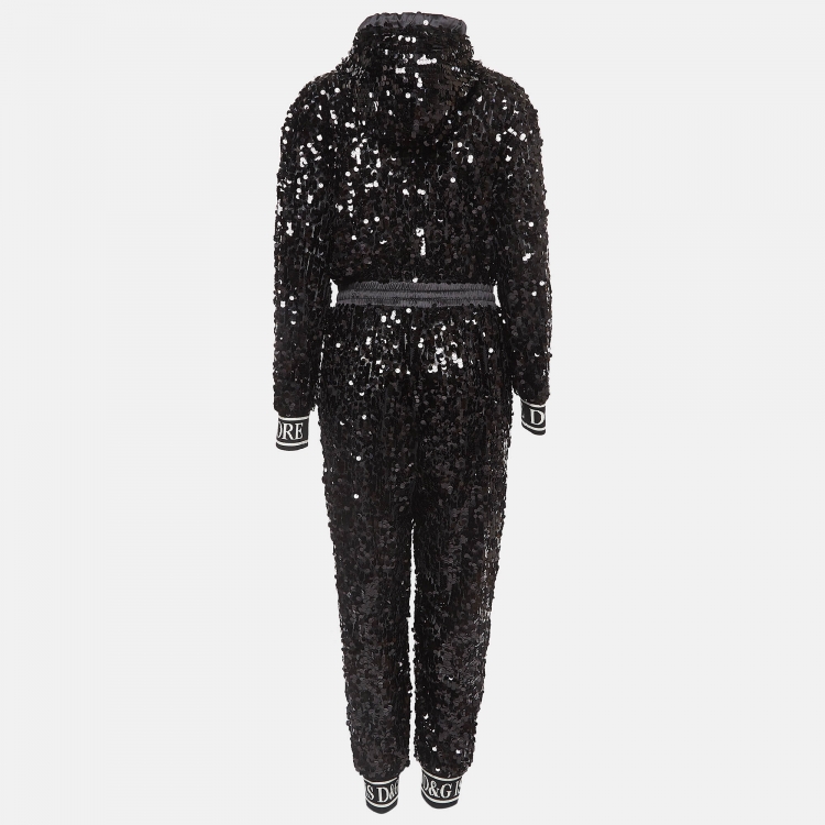 Pre Owned Dolce & Gabbana Black Sequin and Mesh Hooded Jumpsuit S