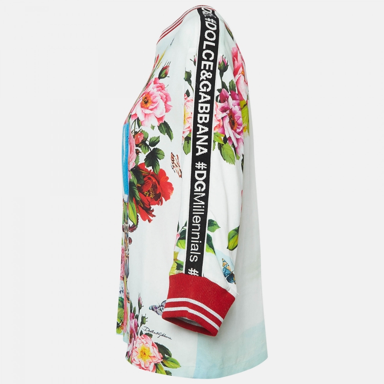 Pre Owned Dolce & Gabbana Off White Floral Print Crepe Applique Detail Sweatshirt S