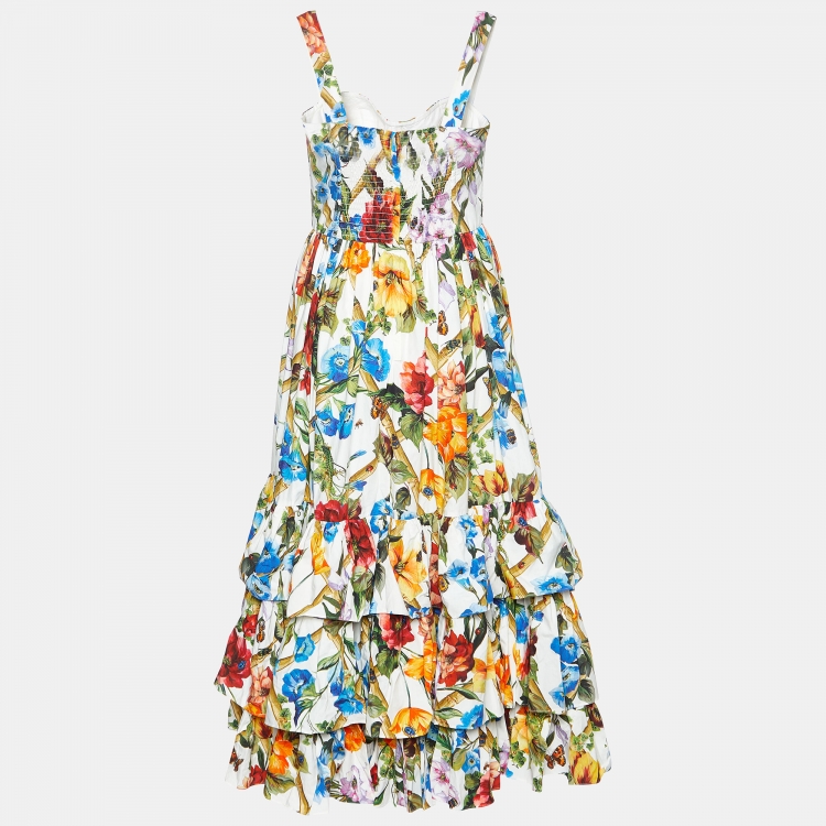 Pre Owned Dolce & Gabbana White Floral Print Cotton Ruffled Midi Dress M