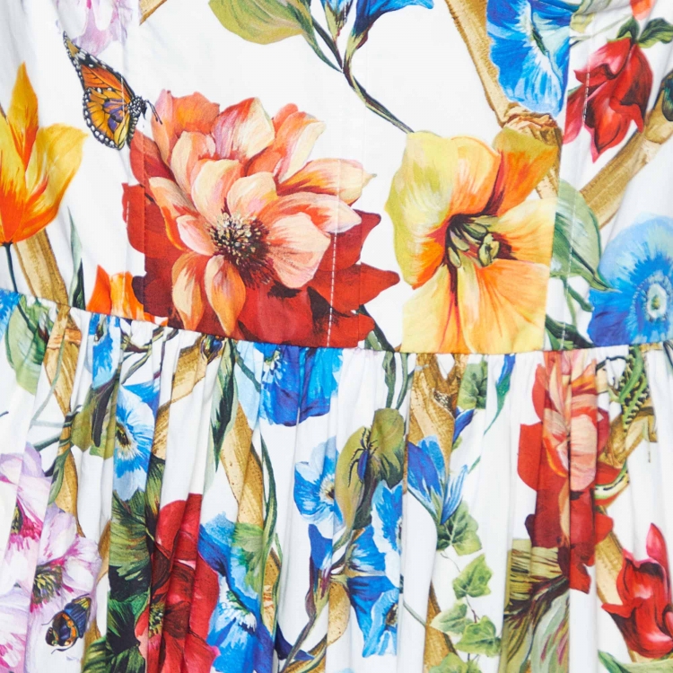 Pre Owned Dolce & Gabbana White Floral Print Cotton Ruffled Midi Dress M