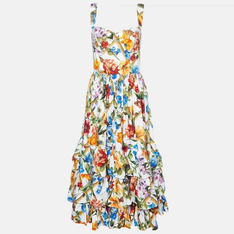 Pre Owned Dolce & Gabbana White Floral Print Cotton Ruffled Midi Dress M
