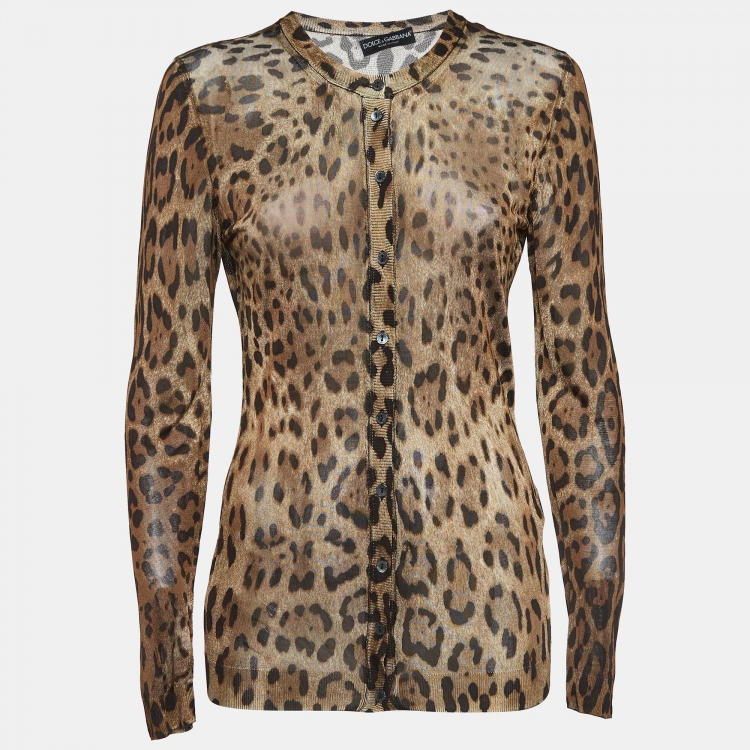 Pre Owned Dolce & Gabbana Brown Leopard Print Jersey Buttoned Cardigan S
