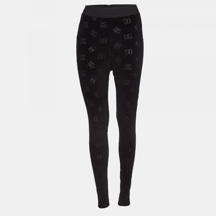 Pre Owned Dolce & Gabanna Black Logo Patterned Velvet Leggings S