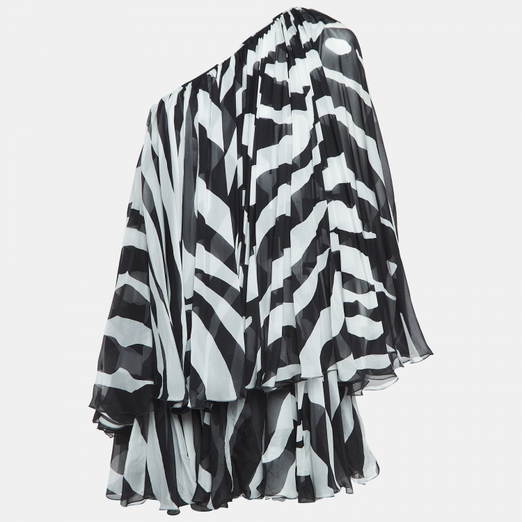 Pre Owned Dolce & Gabbana Black/White Zebra Print Chiffon Silk One Shoulder Dress M