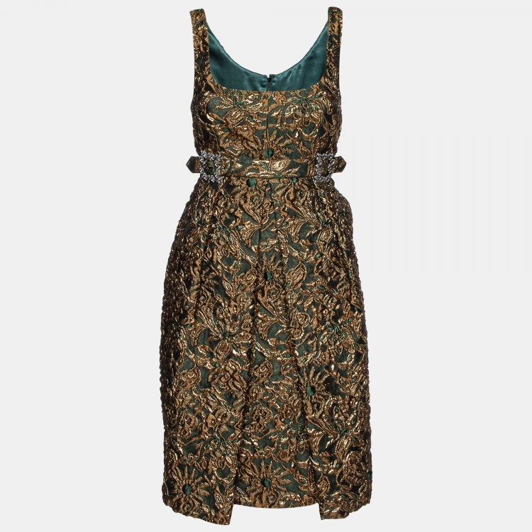 Pre Owned Dolce & Gabbana Green/Gold Floral Brocade Sleeveless Dress M