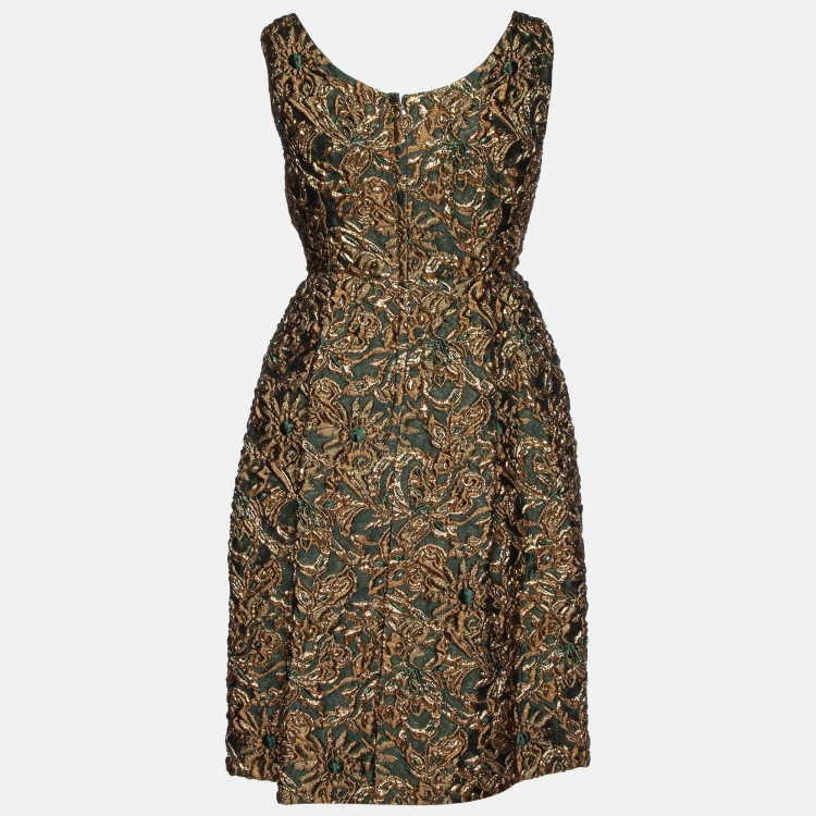 Pre Owned Dolce & Gabbana Green/Gold Floral Brocade Sleeveless Dress M