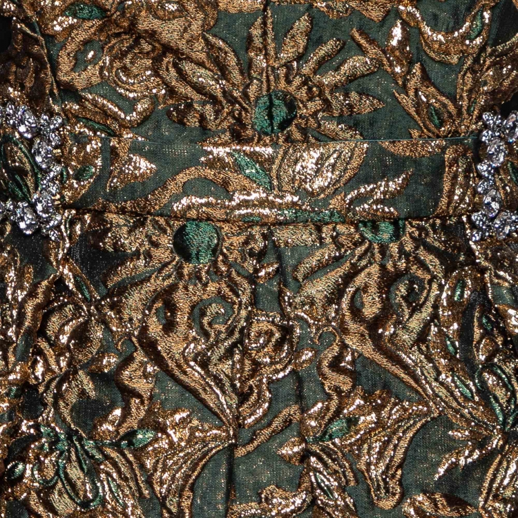 Pre Owned Dolce & Gabbana Green/Gold Floral Brocade Sleeveless Dress M