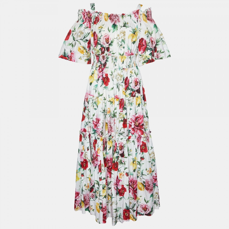 Pre Owned Dolce & Gabbana White Floral Print Cotton Tiered Maxi Dress M