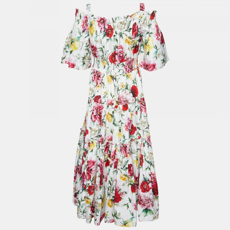 Pre Owned Dolce & Gabbana White Floral Print Cotton Tiered Maxi Dress M