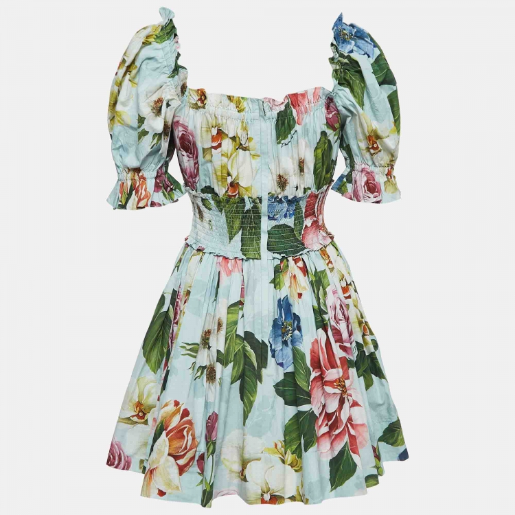 Pre Owned Dolce & Gabbana Blue Floral Print Off-Shoulder Mini Dress M