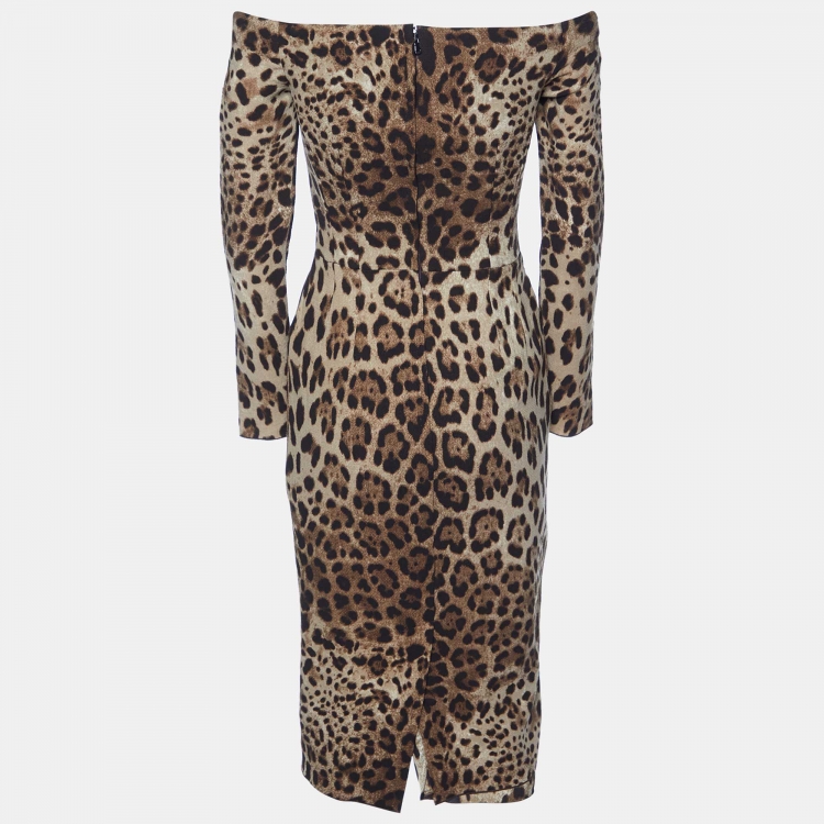 Pre Owned Dolce & Gabbana Brown Leopard Print Wool Off The Shoulder Dress S