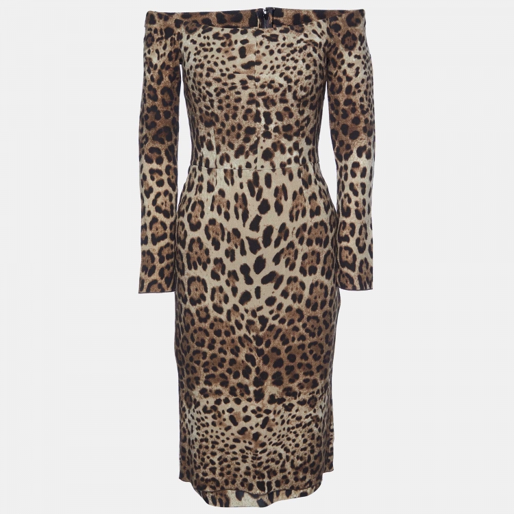 Pre Owned Dolce & Gabbana Brown Leopard Print Wool Off The Shoulder Dress S