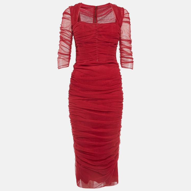 Pre Owned Dolce & Gabbana Red Ruched Stretch Tulle Midi Dress M