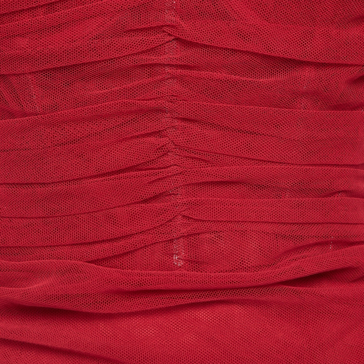 Pre Owned Dolce & Gabbana Red Ruched Stretch Tulle Midi Dress M
