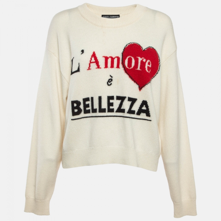 Pre Owned Dolce & Gabbana Off-White Intarsia Patterned Cashmere Knit Sweater M