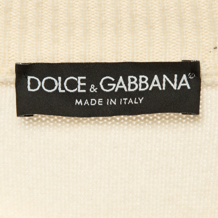 Pre Owned Dolce & Gabbana Off-White Intarsia Patterned Cashmere Knit Sweater M