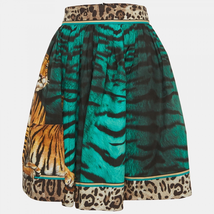 Pre Owned Dolce & Gabbana Green Tiger Print Cotton Gathered Mini Skirt M