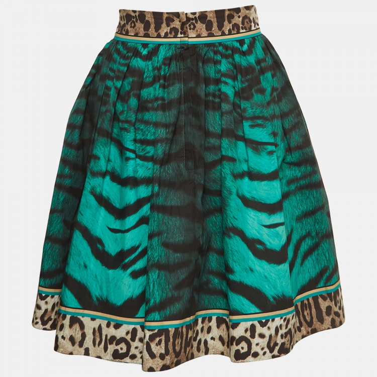 Pre Owned Dolce & Gabbana Green Tiger Print Cotton Gathered Mini Skirt M