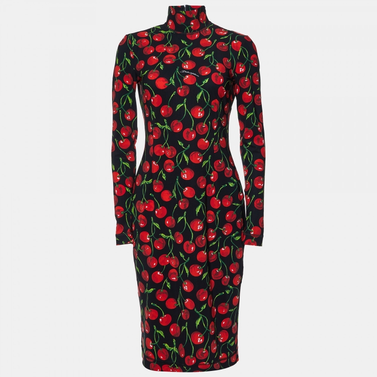 Pre Owned Dolce & Gabbana Black Cherry Print Jersey Midi Dress M
