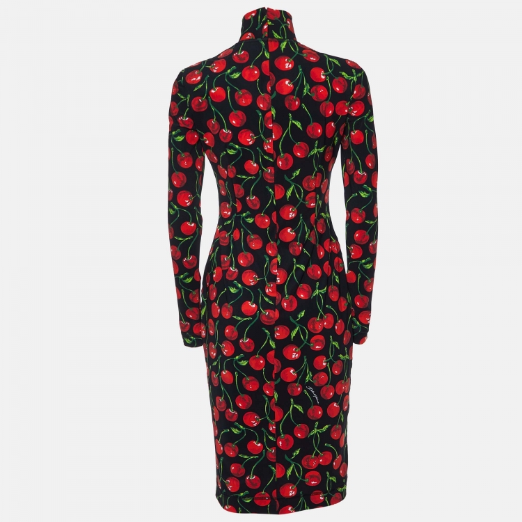 Pre Owned Dolce & Gabbana Black Cherry Print Jersey Midi Dress M