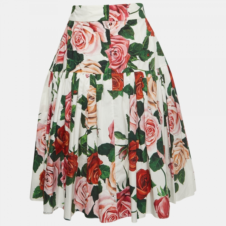 مملوكة مسبقًا Dolce & Gabbana White Rose Print Cotton Flared Mini Skirt XS