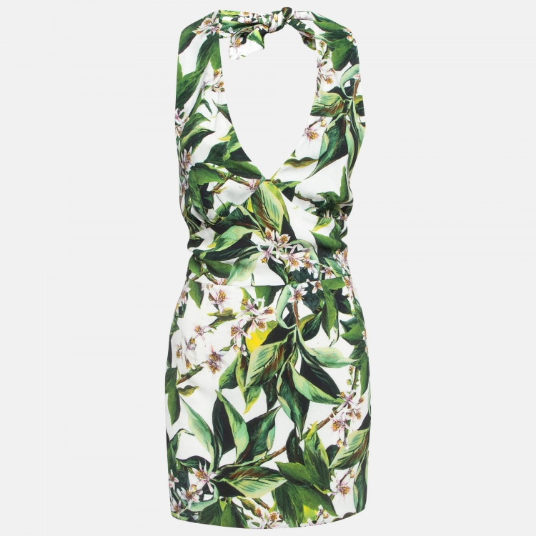 Pre Owned Dolce & Gabbana Green Floral Print Crepe Halter Neck Mini Dress S