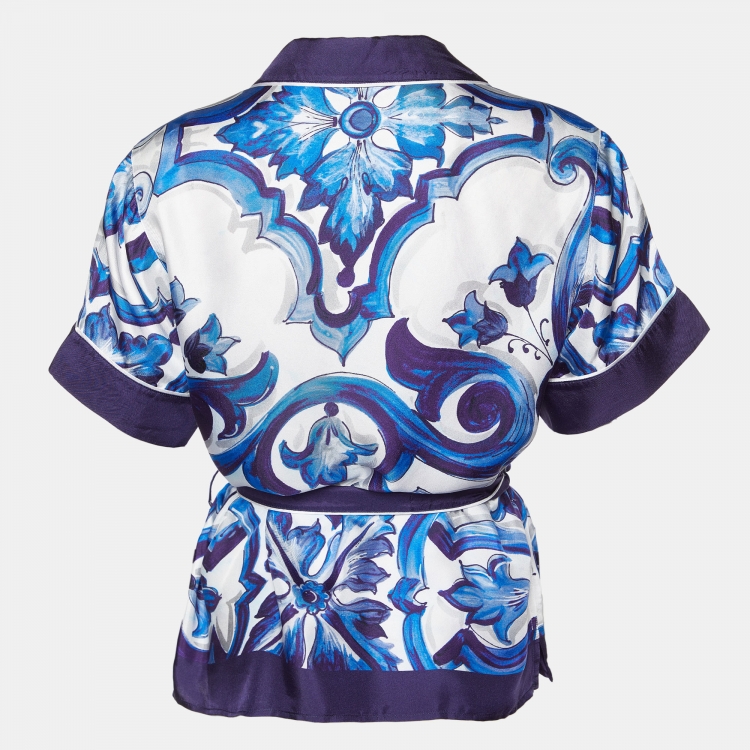 مملوكة مسبقًا Dolce & Gabbana Navy Blue Majolica Print Silk Belted Shirt M