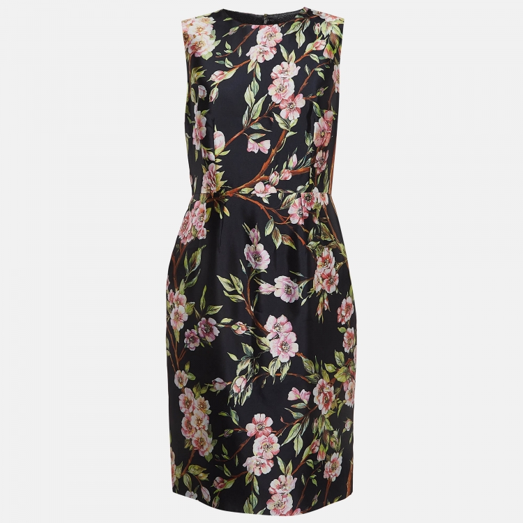 Pre Owned Dolce & Gabbana Black Floral Print Silk Shift Dress M