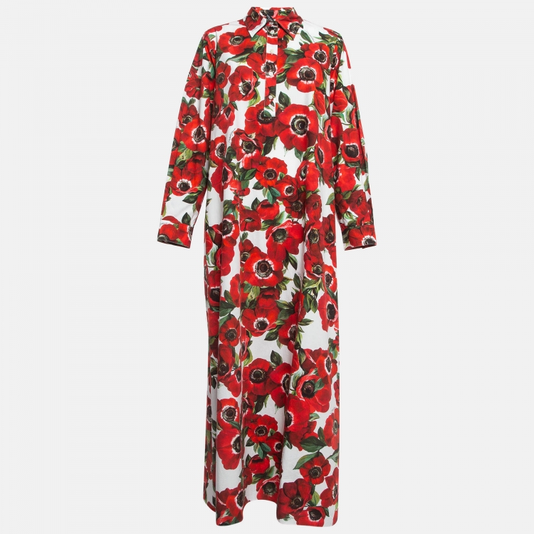 Pre Owned Dolce & Gabbana Red Floral Print Poplin Maxi Shirt Dress M
