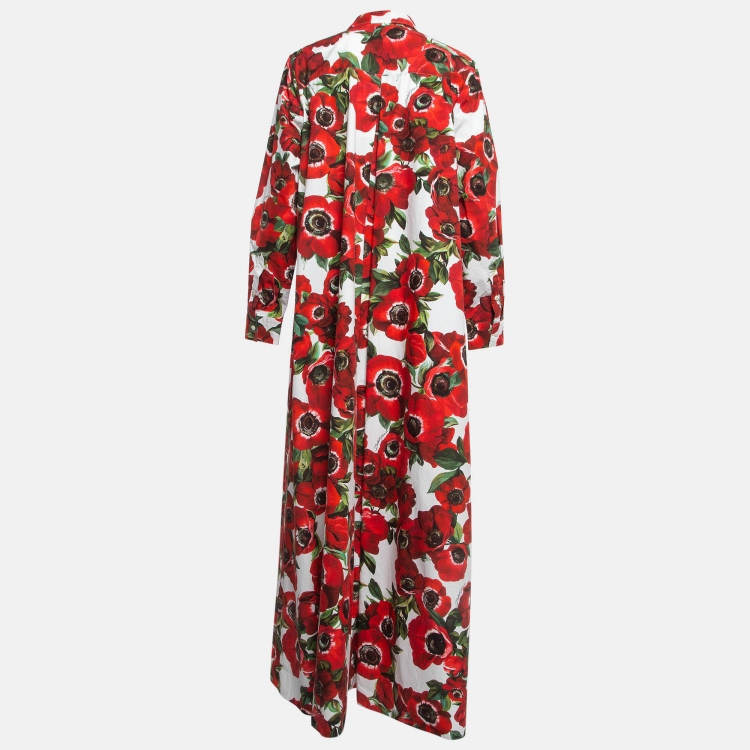 Pre Owned Dolce & Gabbana Red Floral Print Poplin Maxi Shirt Dress M
