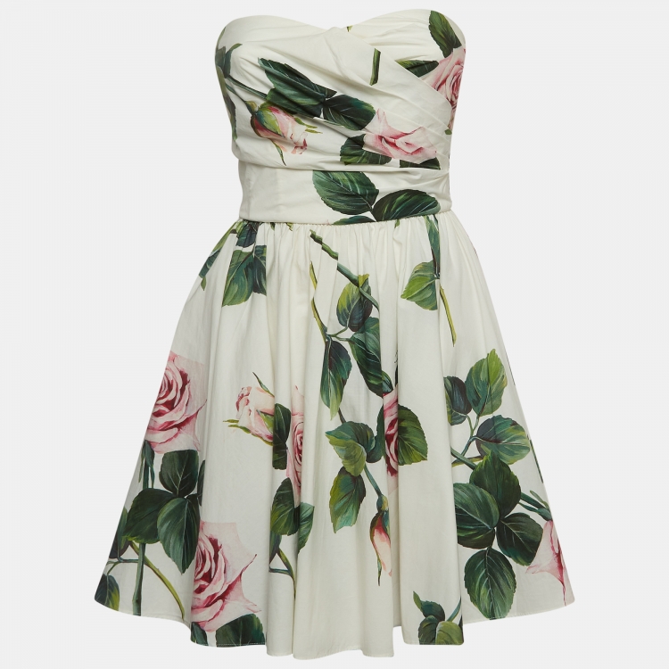 Pre Owned Dolce & Gabbana White Rose Print Poplin Strapless Mini Dress S