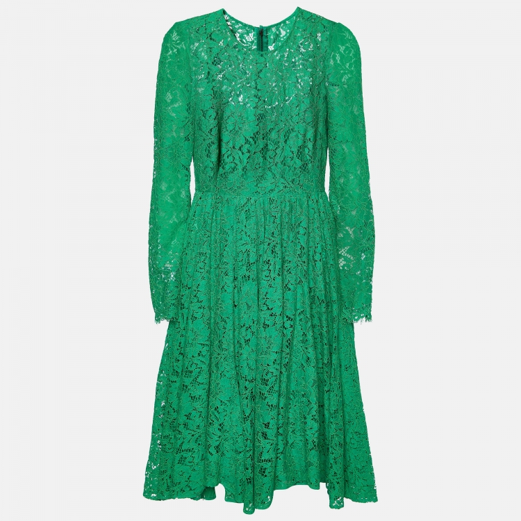 Pre Owned Dolce & Gabbana Green Lace Long Sleeve Midi Dress M