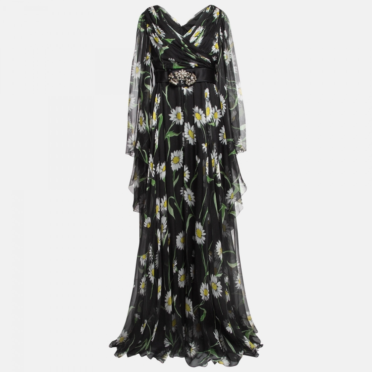 Pre Owned Dolce & Gabbana Black Sunflower Print Silk Crystal Belt Long Dress L