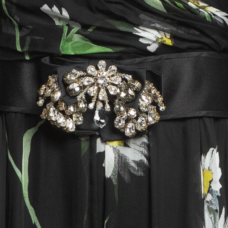 Pre Owned Dolce & Gabbana Black Sunflower Print Silk Crystal Belt Long Dress L
