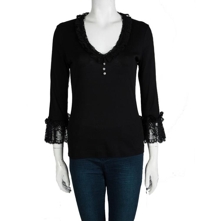 Pre Owned Dolce and Gabbana Black Scallop Lace Trim Detail Long Sleeve Top M