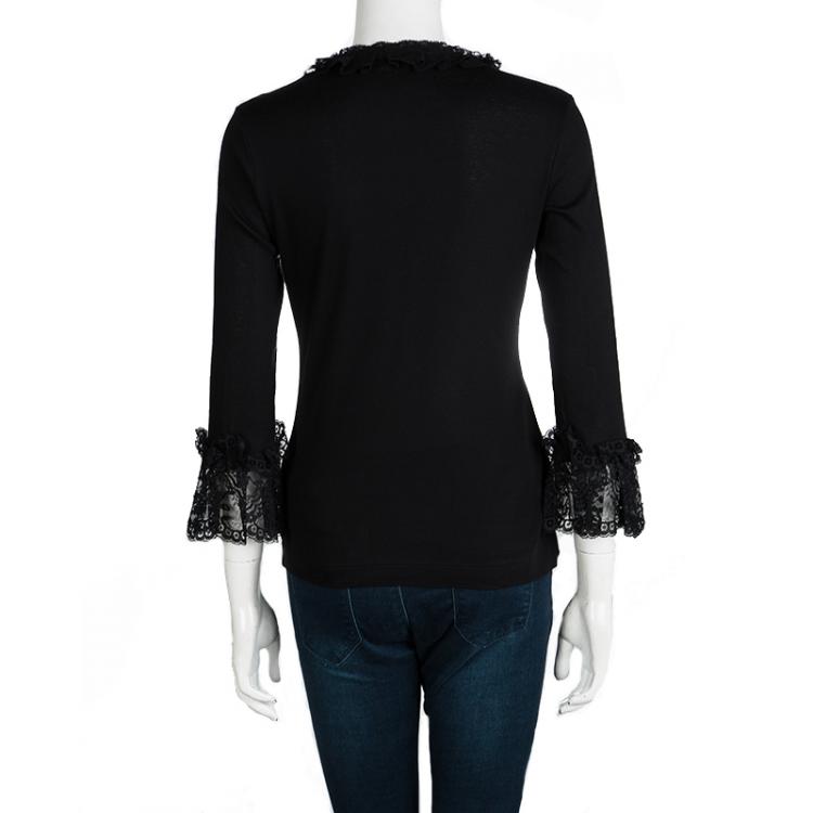 Pre Owned Dolce and Gabbana Black Scallop Lace Trim Detail Long Sleeve Top M