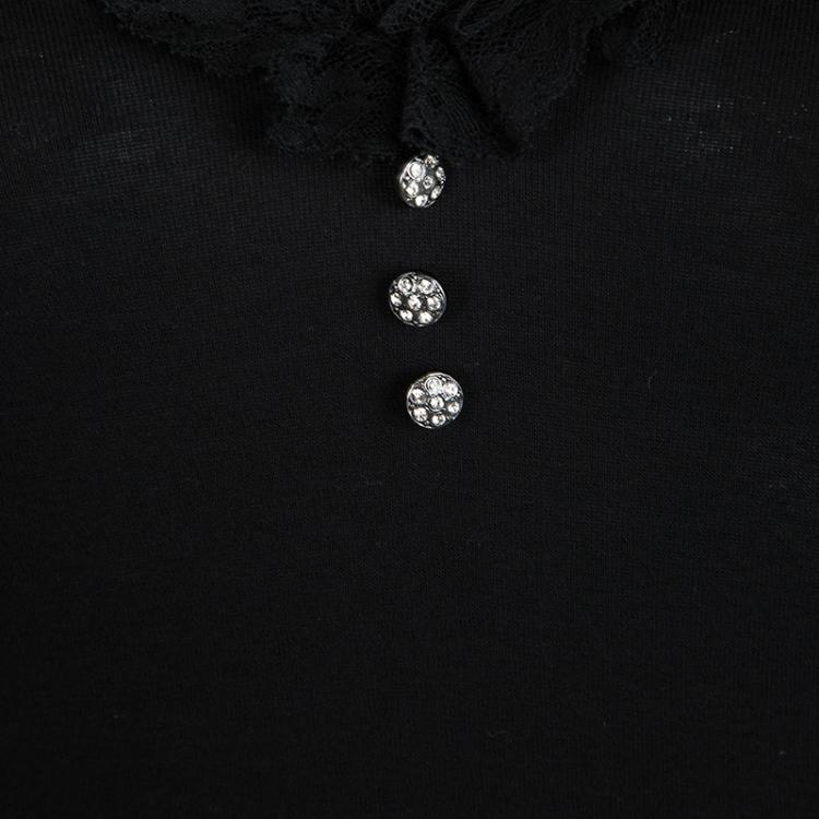 Pre Owned Dolce and Gabbana Black Scallop Lace Trim Detail Long Sleeve Top M