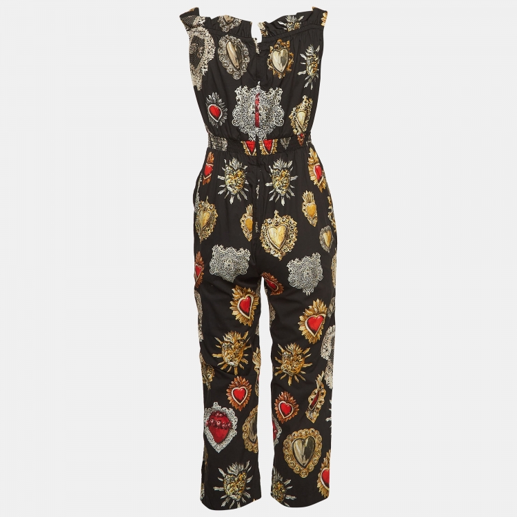 Pre Owned Dolce & Gabbana Black Printed Cotton Smocked Waist Jumpsuit S