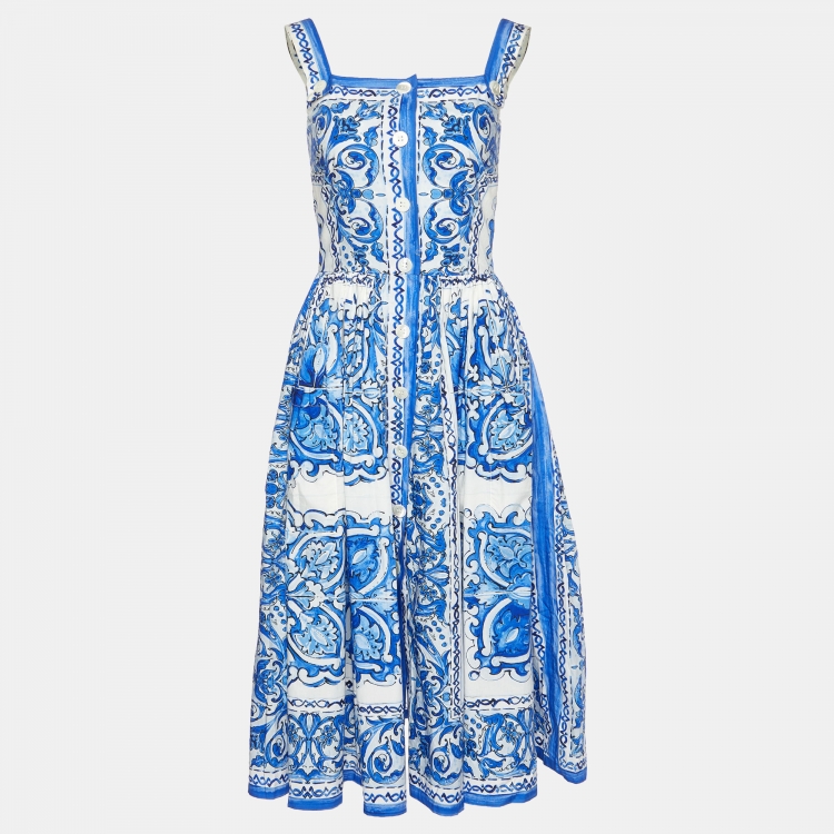 Pre Owned Dolce & Gabbana Blue Majolica Print Cotton Midi Dress S