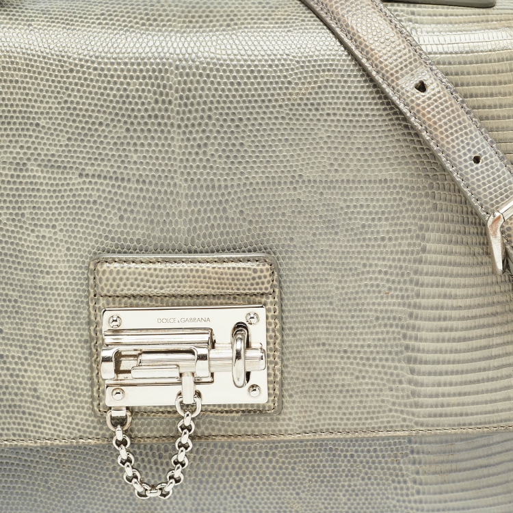 Pre Owned Dolce & Gabbana Light Blue Lizard Embossed Leather Medium Miss Monica Top Handle Bag