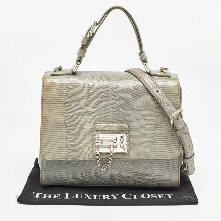 Pre Owned Dolce & Gabbana Light Blue Lizard Embossed Leather Medium Miss Monica Top Handle Bag