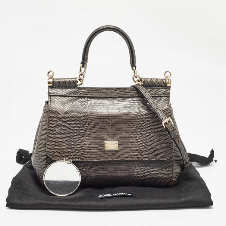 مملوكة مسبقًا Dolce & Gabbana Grey Lizard Embossed Leather Small Miss Sicily Top Handle Bag