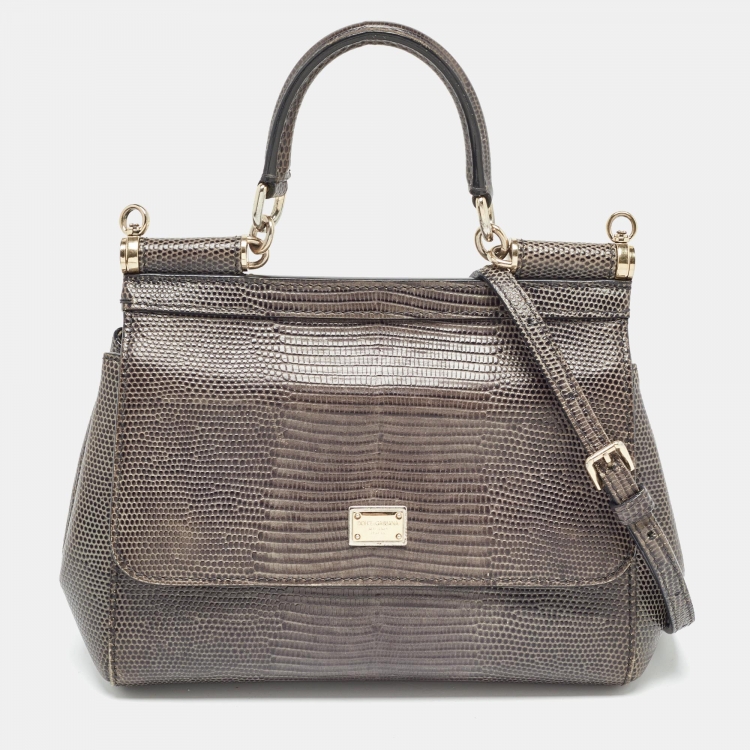 مملوكة مسبقًا Dolce & Gabbana Grey Lizard Embossed Leather Small Miss Sicily Top Handle Bag