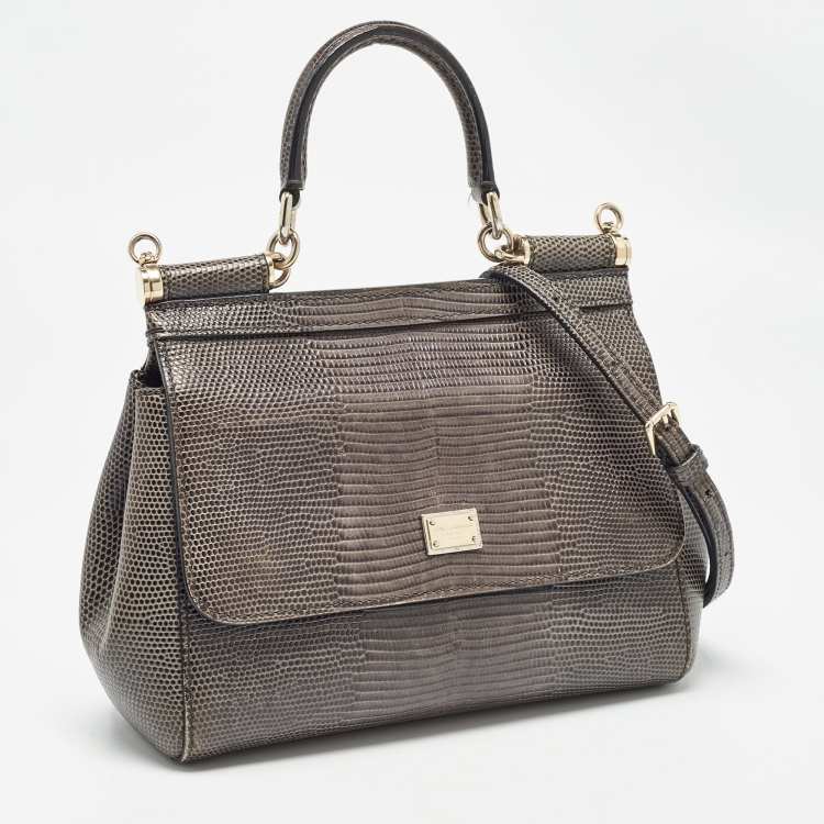 مملوكة مسبقًا Dolce & Gabbana Grey Lizard Embossed Leather Small Miss Sicily Top Handle Bag