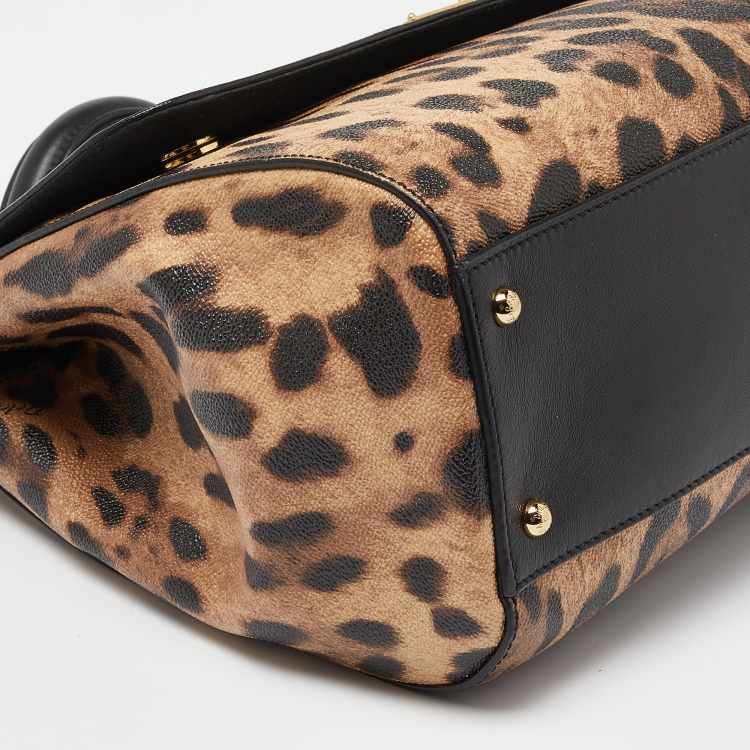 Pre Owned Dolce & Gabbana Black/Brown Leopard Print Coated Canvas and Leather Medium Miss Sicily Top Handle Bag
