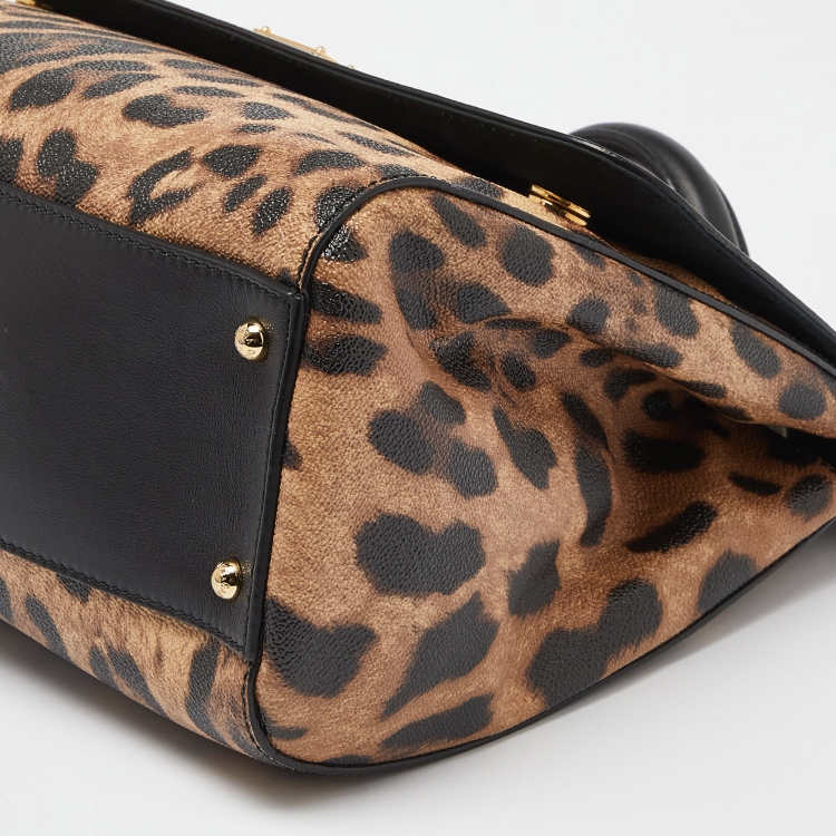Pre Owned Dolce & Gabbana Black/Brown Leopard Print Coated Canvas and Leather Medium Miss Sicily Top Handle Bag