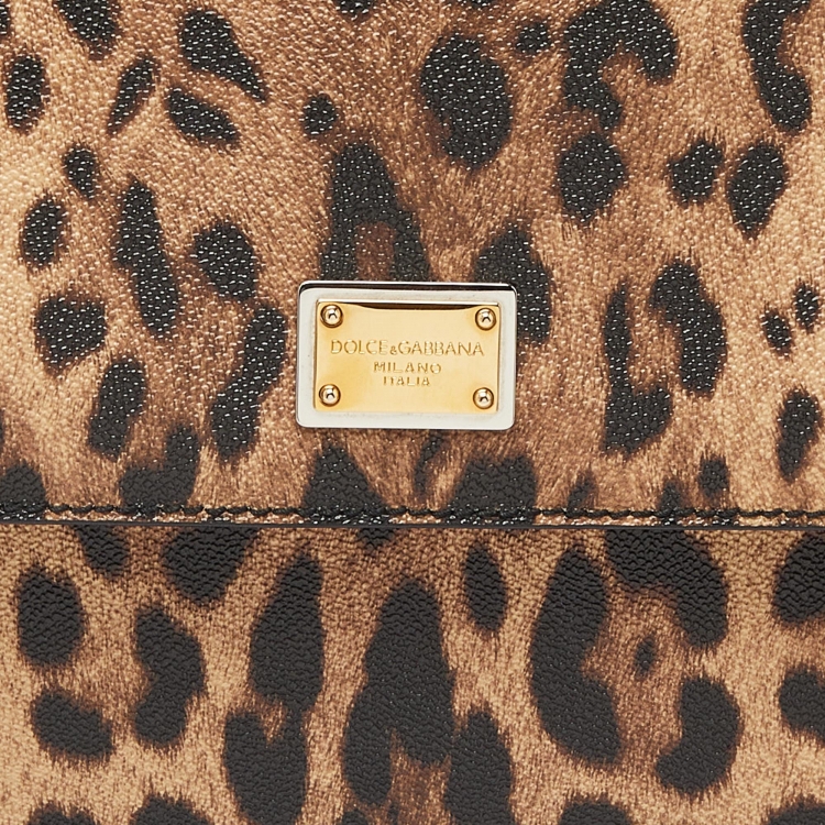 Pre Owned Dolce & Gabbana Black/Brown Leopard Print Coated Canvas and Leather Medium Miss Sicily Top Handle Bag